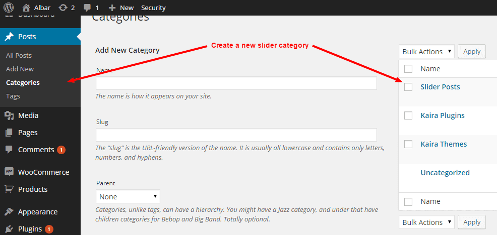 Albar Slider Settings - Add New Category