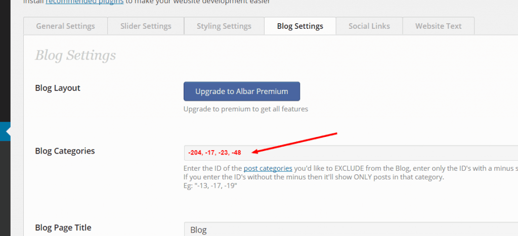 Setting up the Albar default slider - Remove Categories