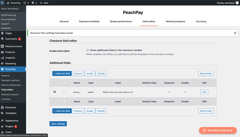 Add custom fields to PeachPay for WooCommerce