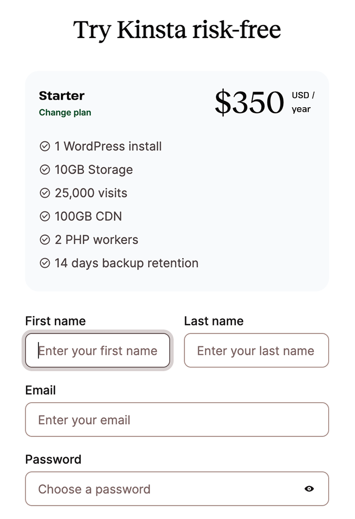 Kinsta - Managed WordPress Hosting Signup