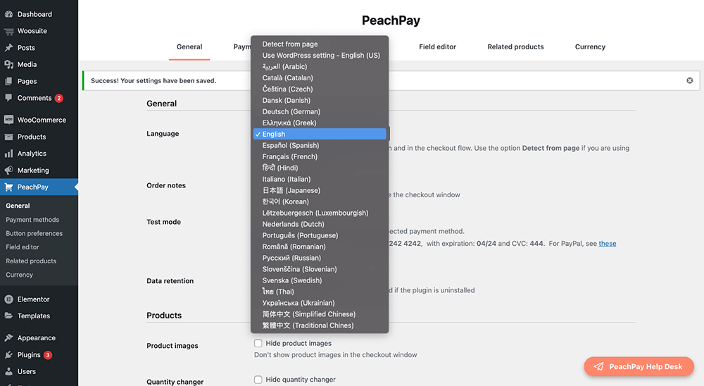 PeachPay - Choose from 25+ languages.