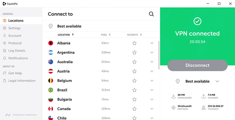 FastVPN - click the 'Connect VPN' button and choose your preferred location